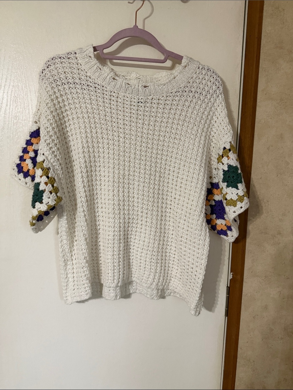 Universal Thread White Crochet Sweater with Multicolor Granny-Square Sleeves